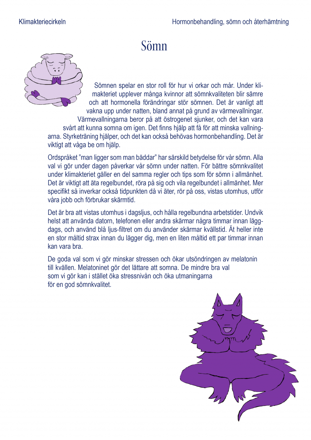En pdf med text om sömn, med ett yogande lamm